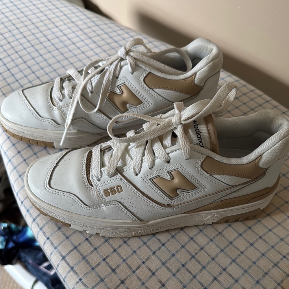 New Balance White and Brown 550 Sneakers